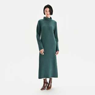 门里门外墨绿色羊绒高领连衣裙BR25QQ1087B