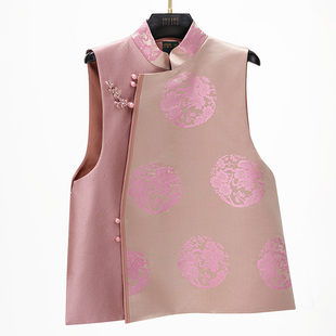 门里门外粉色库缎拼双宫立领马甲BR26CM0060N