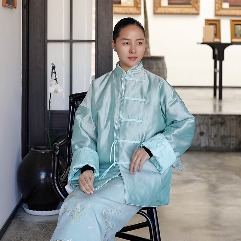 门里门外绿色真丝夹棉双面穿外套BC24DW0989C