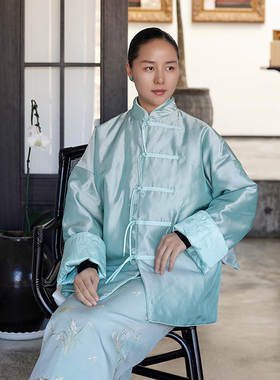 门里门外绿色真丝夹棉双面穿外套BC24DW0989C