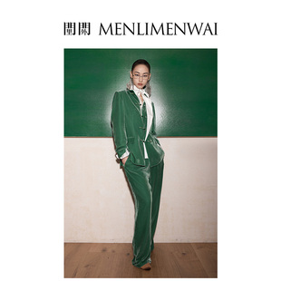 子女 高知穿搭西服外套裤 门里门外新款 绿色真丝丝绒两件套明星同款
