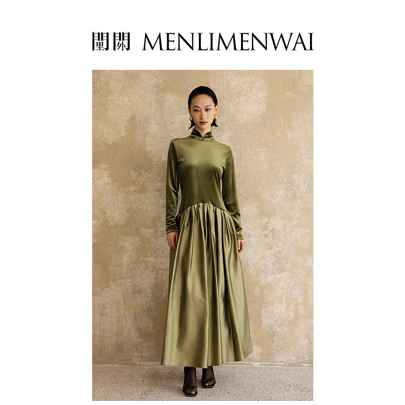 门里门外 新年款春季女简约复古中式旗袍真丝丝绒连衣裙休闲裙子