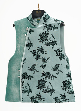 门里门外蓝绿色漳缎拼丝绒立领马甲BC25DM1318H