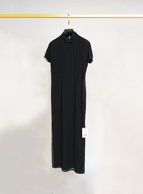 门里门外黑色竹叶蕾丝花边旗袍BC25CQ0528B