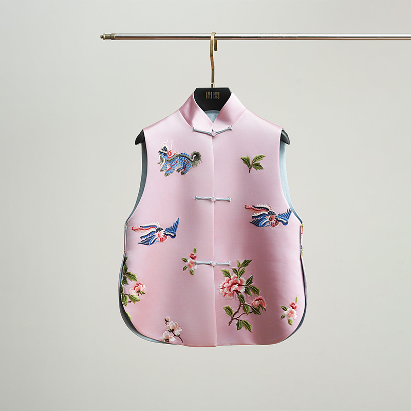 门里门外粉色拼蓝色花鸟兽纹双韵双面穿马甲BC25CM0318R