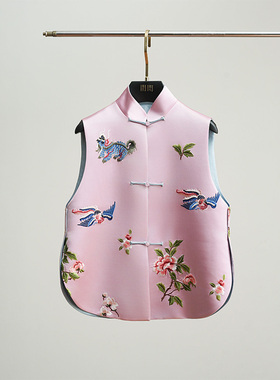 门里门外粉色拼蓝色花鸟兽纹双韵双面穿马甲BC25CM0318R