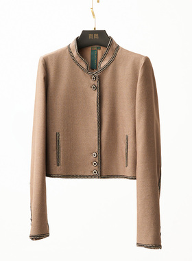 门里门外苔灰色立领拼毛边上衣BR25QW1186A