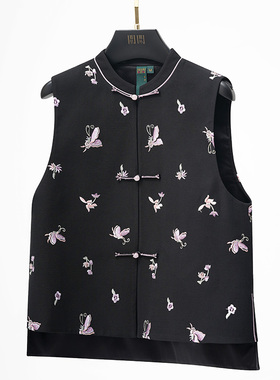 门里门外黑色真丝羊毛绣花马甲BC25DM1337A