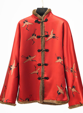 门里门外红色香云纱拼咖色兔毛皮草双面穿中式上衣BC25DW1275A