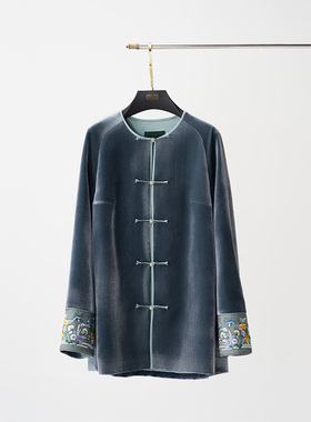 门里门外蓝灰色丝绒手绣对襟上衣BC25QS1197A