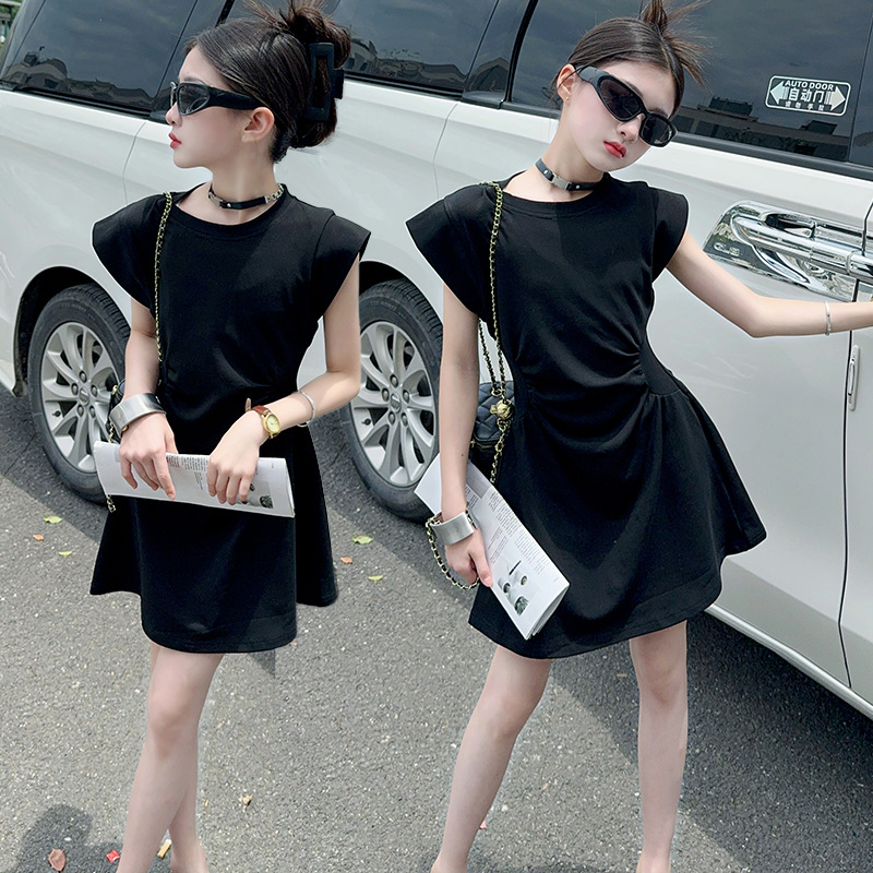 女童连衣裙夏季新款中大童洋气欧美时髦 收腰长裙女孩小飞袖辣妹