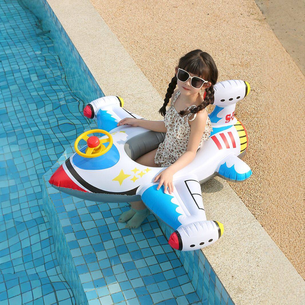 厂家现货PVC充气白色飞机坐艇 婴幼儿充气方向盘飞机坐圈游泳圈
