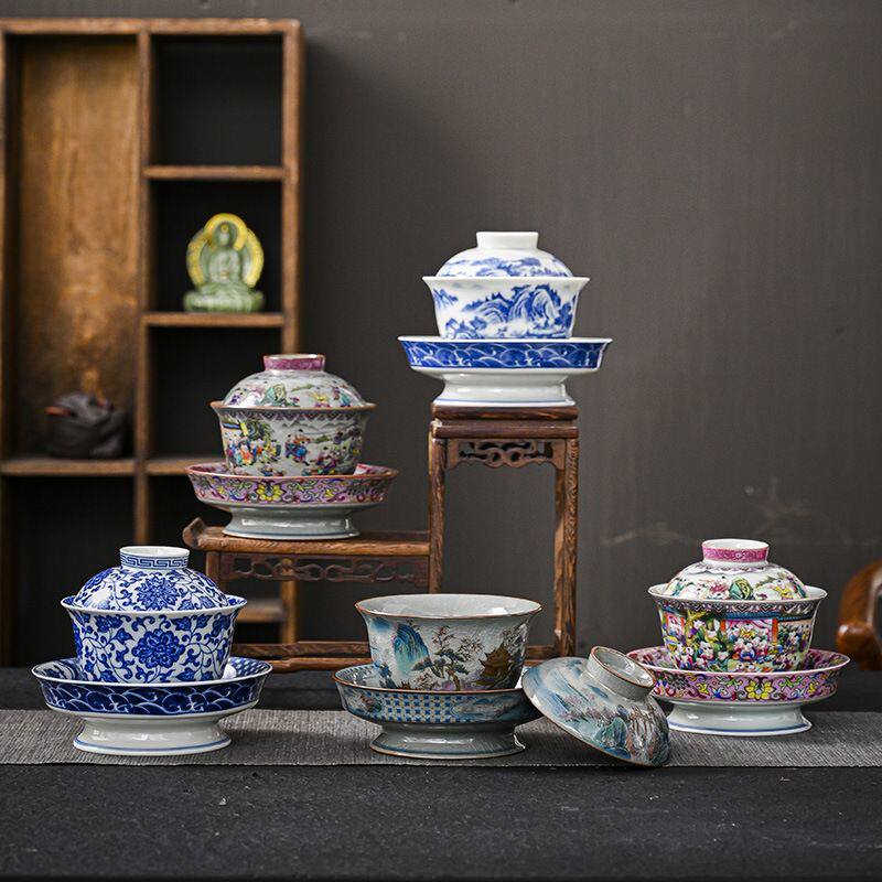 仿古盖碗青花瓷功夫茶具泡茶碗中式高脚大号三才碗陶瓷家用泡茶器