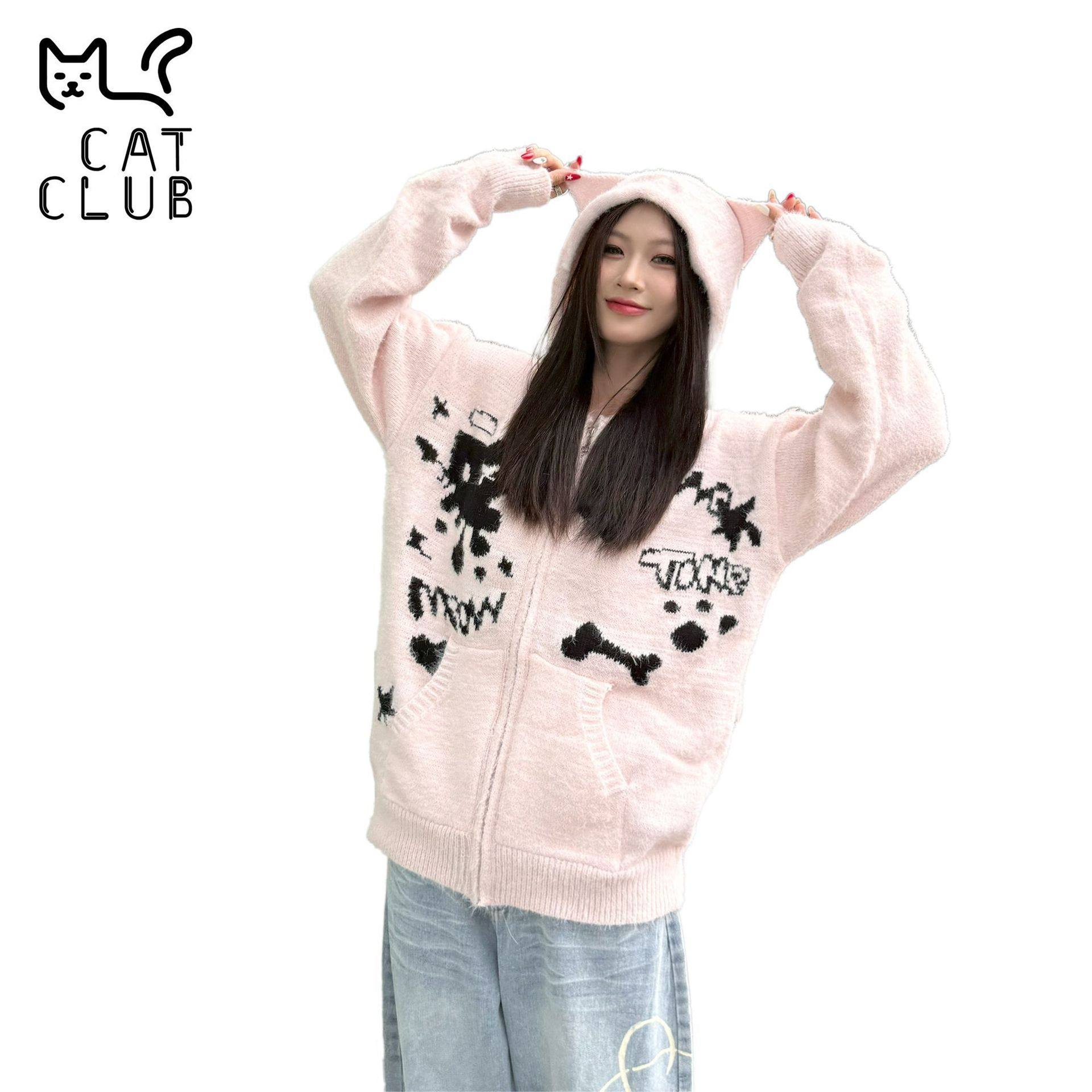 猫猫俱乐部日系可爱猫咪提花针织开衫连帽耳朵甜美仿貂毛衣外套