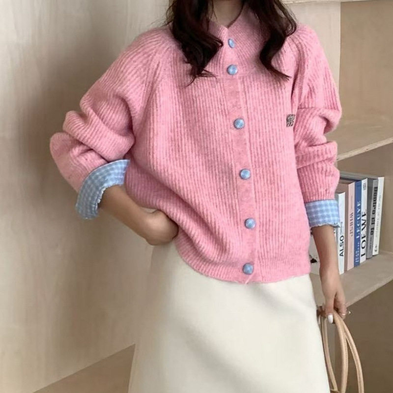 韩系复古灰色翻领长袖针织开衫女秋冬季慵懒风宽松显瘦毛衣外套