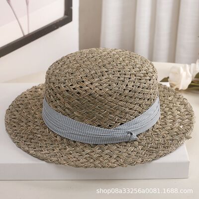 法式复古咸草编织平顶礼帽女夏天镂空防晒遮阳草帽出游度假太阳帽