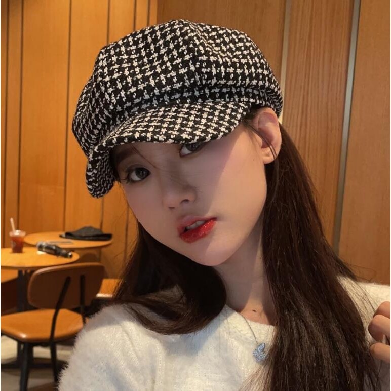 八角帽女秋冬格子百搭报童帽时尚休闲韩版画家帽学生显脸小蓓蕾帽