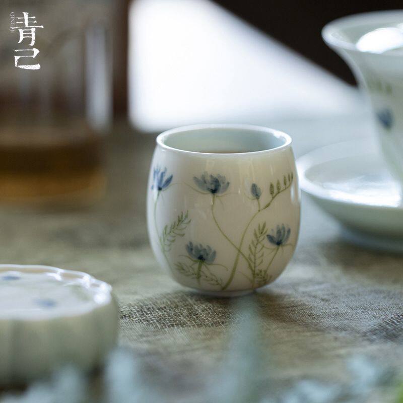青己玉泥白瓷手绘青花主人杯功夫茶具陶瓷家用单杯品茗杯蓝色内釉