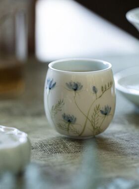 青己玉泥白瓷手绘青花主人杯功夫茶具陶瓷家用单杯品茗杯蓝色内釉