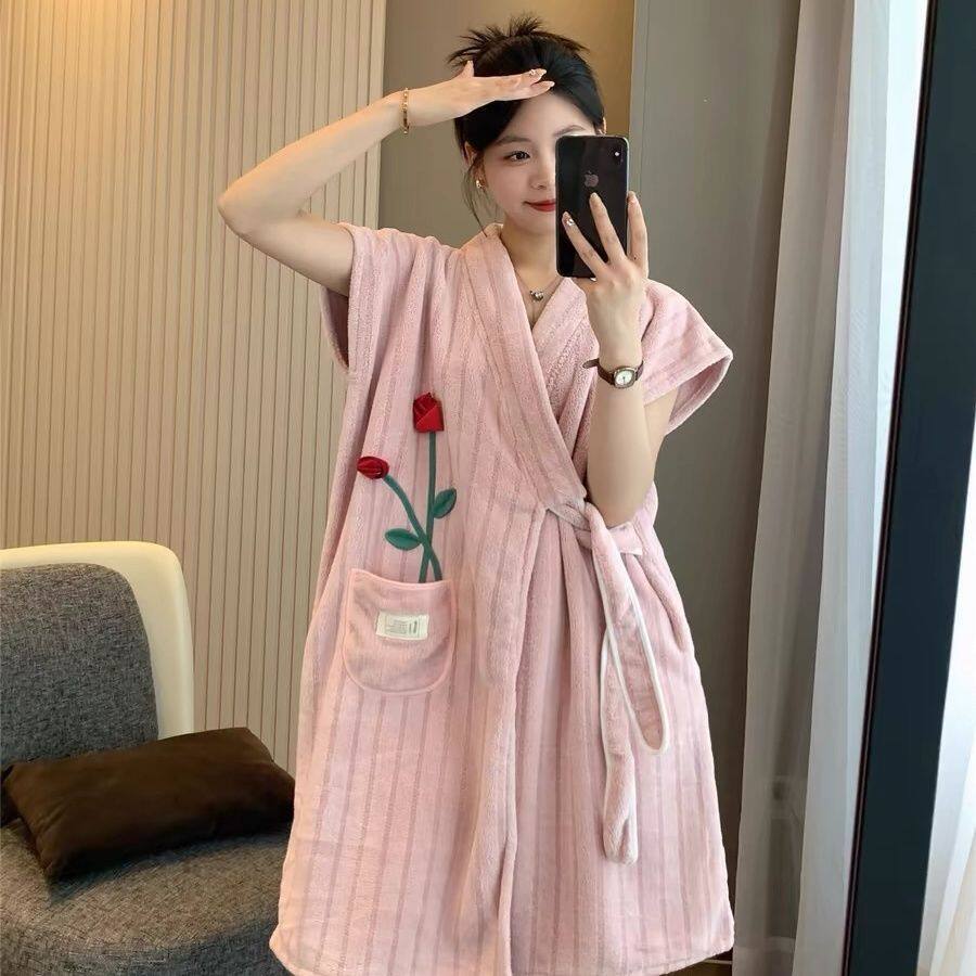 网红款加厚成人女家用可穿式浴巾不掉吸水洗澡柔软可爱浴袍睡袍