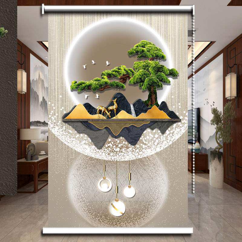 现代中式卷帘窗帘客厅办公室遮阳升降式卷拉帘玄关挂画遮光免打孔