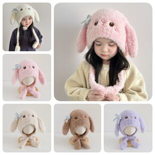 冬季长耳兔蝴蝶结护耳帽超萌小公主毛绒套头帽女童加厚保暖帽