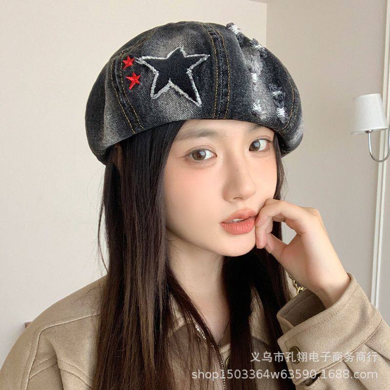黑色星星贝雷帽女早秋新款复古做旧牛仔布画家帽百搭显脸小报童帽