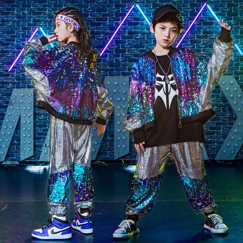 街舞套装男童hiphop嘻哈潮银色女童爵士舞服装亮片元旦儿童演出服