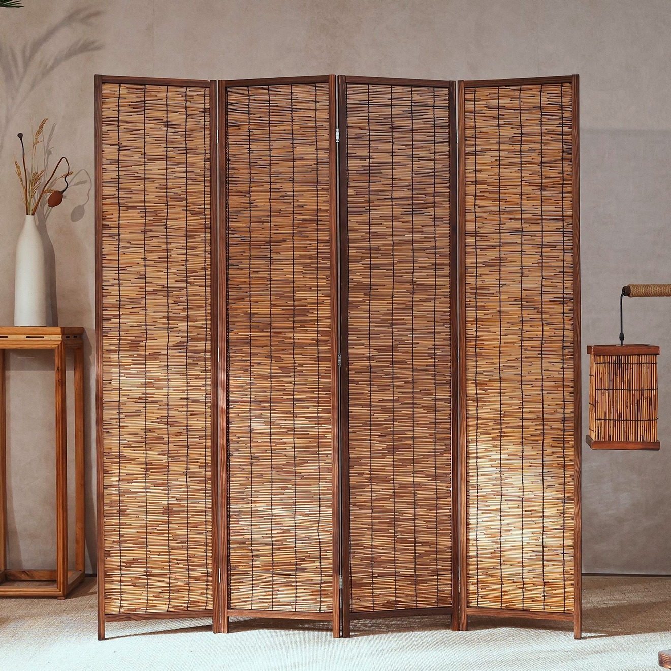 中古风实木芦苇屏风隔断墙客厅折叠移动复古做旧酒店餐厅玄关家用
