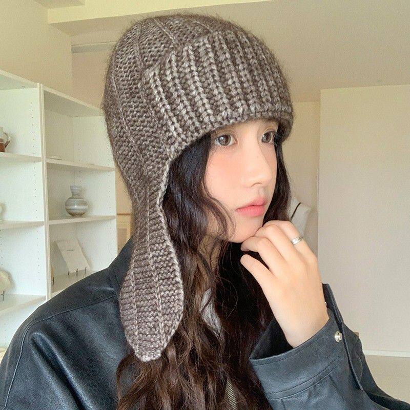 柔软兔毛混纺针织护耳毛线帽女冬季保暖防寒套头帽