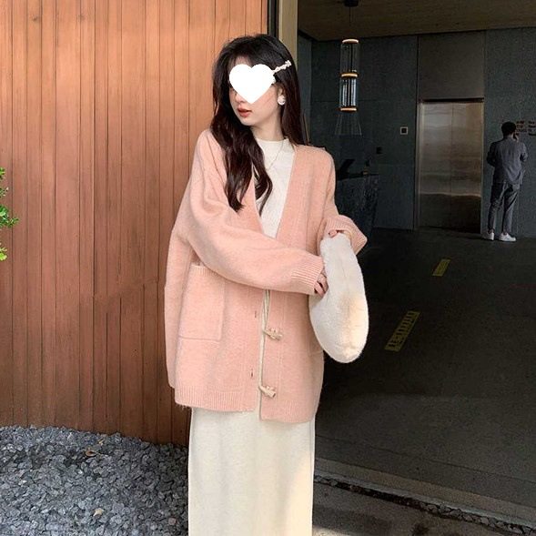 牛角扣粉色针织开衫外套秋冬新款韩版宽松慵懒风奶fufu毛衣女上衣