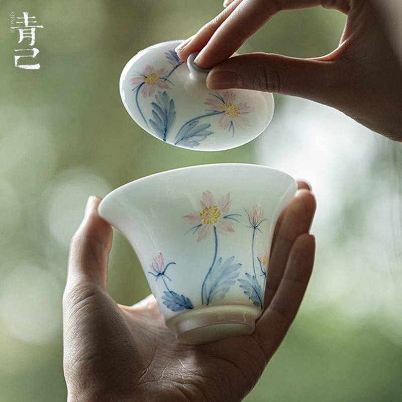 青己原矿玉泥西子蓝手绘薄胎淡雅盖碗功夫茶具家用粉韵思语泡茶碗