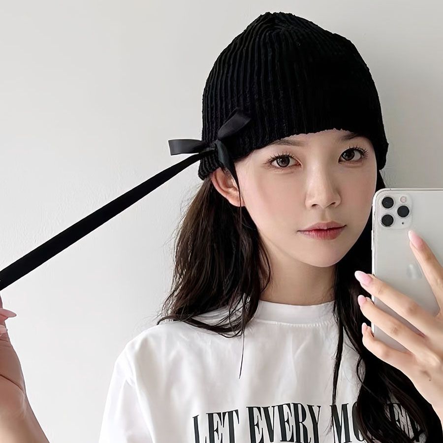 jennie同款设计感小众蝴蝶结黑色针织冷帽女秋冬辣妹包头毛线帽潮
