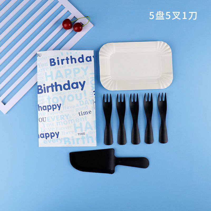 一次性生日蛋糕波浪叉刀叉盘套装纸包装餐具三合一纸盘子碟子组s^