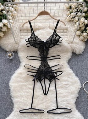 Black Lace Womens See-through Sexy Lace Up Bow Spliced Stra