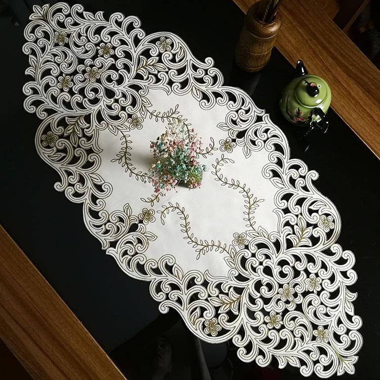 中式欧式布艺绣花桌布茶几椭圆桌旗桌垫镂空盖巾餐桌装饰实木桌旗