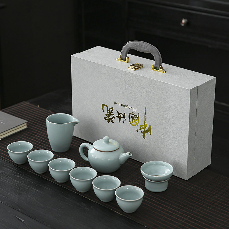 汝窑功夫茶具套装2025新款家用中式喝茶轻奢送礼陶瓷茶壶盖碗整套