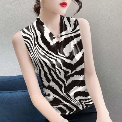 无袖小心背女装外穿夏季新款豹纹修身V领条纹内搭收腰衫打底上装