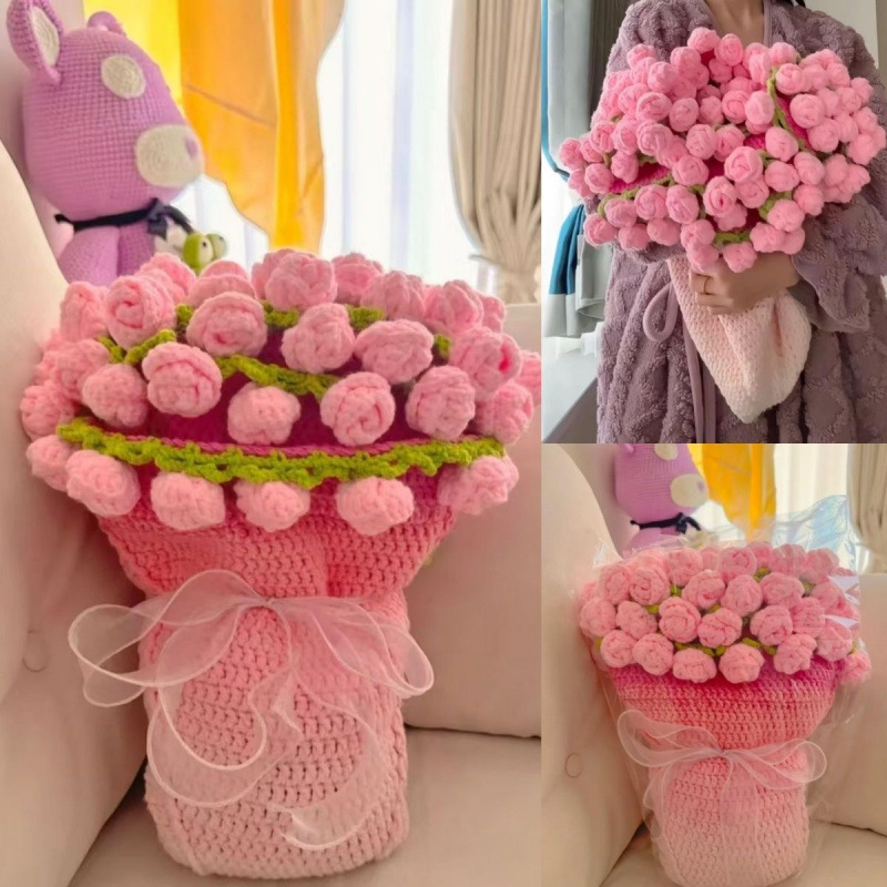 粉色渐变玫瑰花毯子DIY编织材料