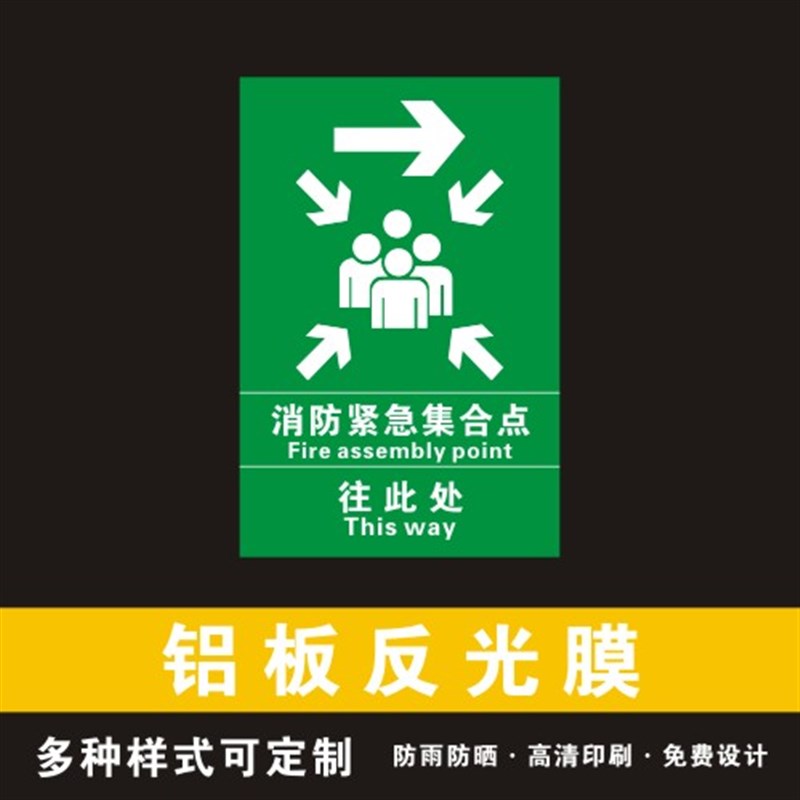紧急疏散集合点指示牌应急疏散方向标牌逃生方向标识牌紧急提示牌