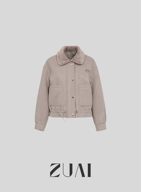 毛绒翻领夹棉呢绒抽绳加厚外套W23CH7072