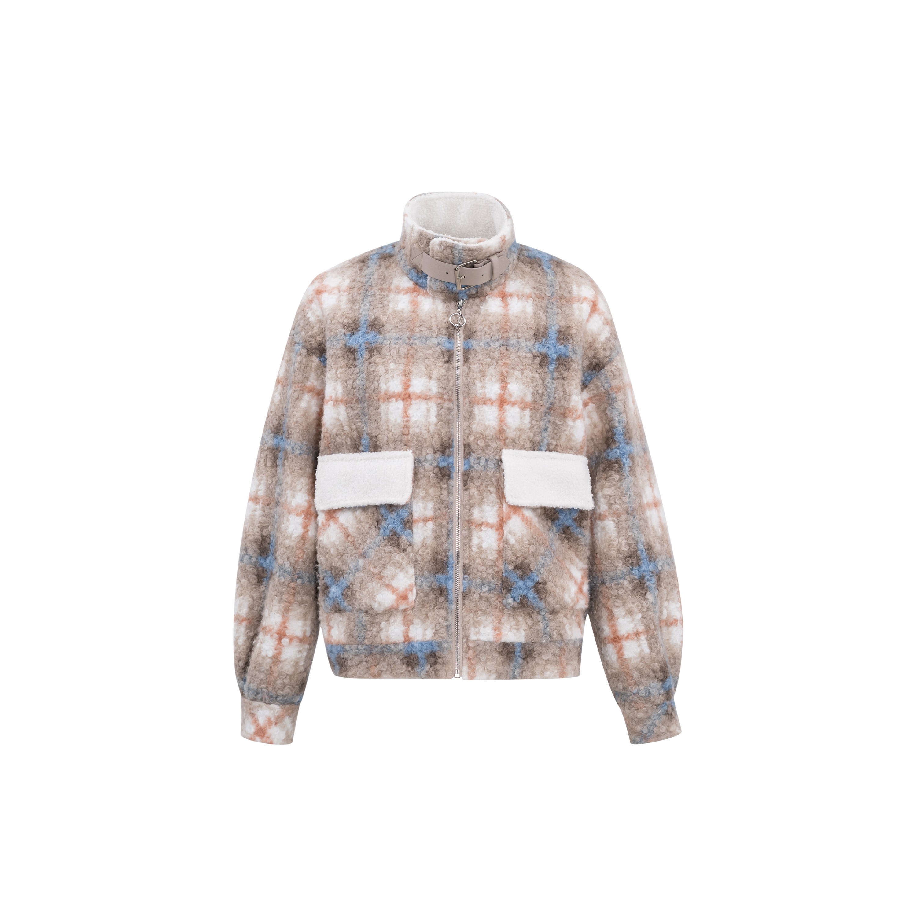 【羊羔绒格纹外套】宽松立领毛绒大口袋短外套夹克W23CH1009