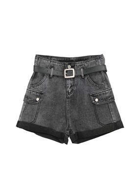 【露营工装短裤】全棉高腰阔腿卷边牛仔短裤配腰带W23AS231