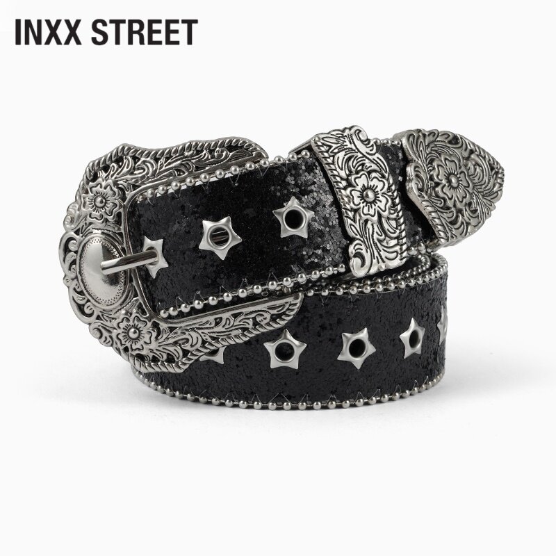 INXX STREET宽腰带女铆钉五金皮带银色亮片装饰牛仔裤腰带女时尚