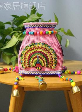 新款珠帘小背54041篓庙会景区热竹编藤编鱼篓儿童背篓彩色背兜风