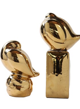 新中式黑色白色金色陶瓷小鸟动物摆件样板间书房博古架装饰品摆设