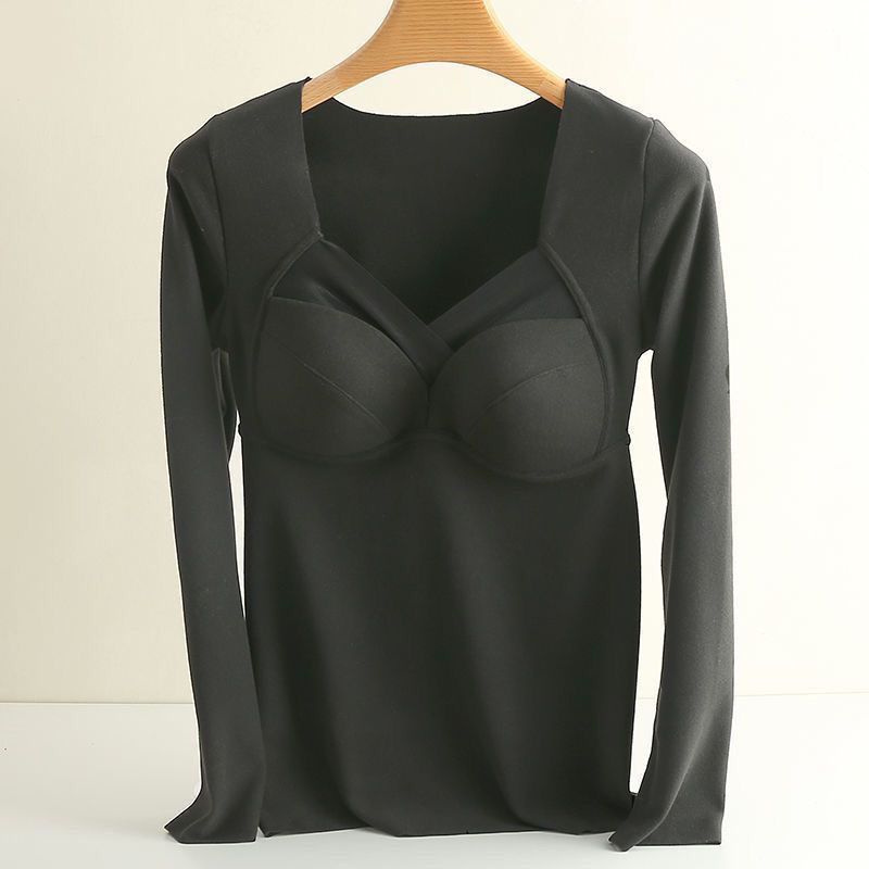 女士冬季内搭神器3901磨毛无痕打底长袖衫带胸垫一体保暖内衣