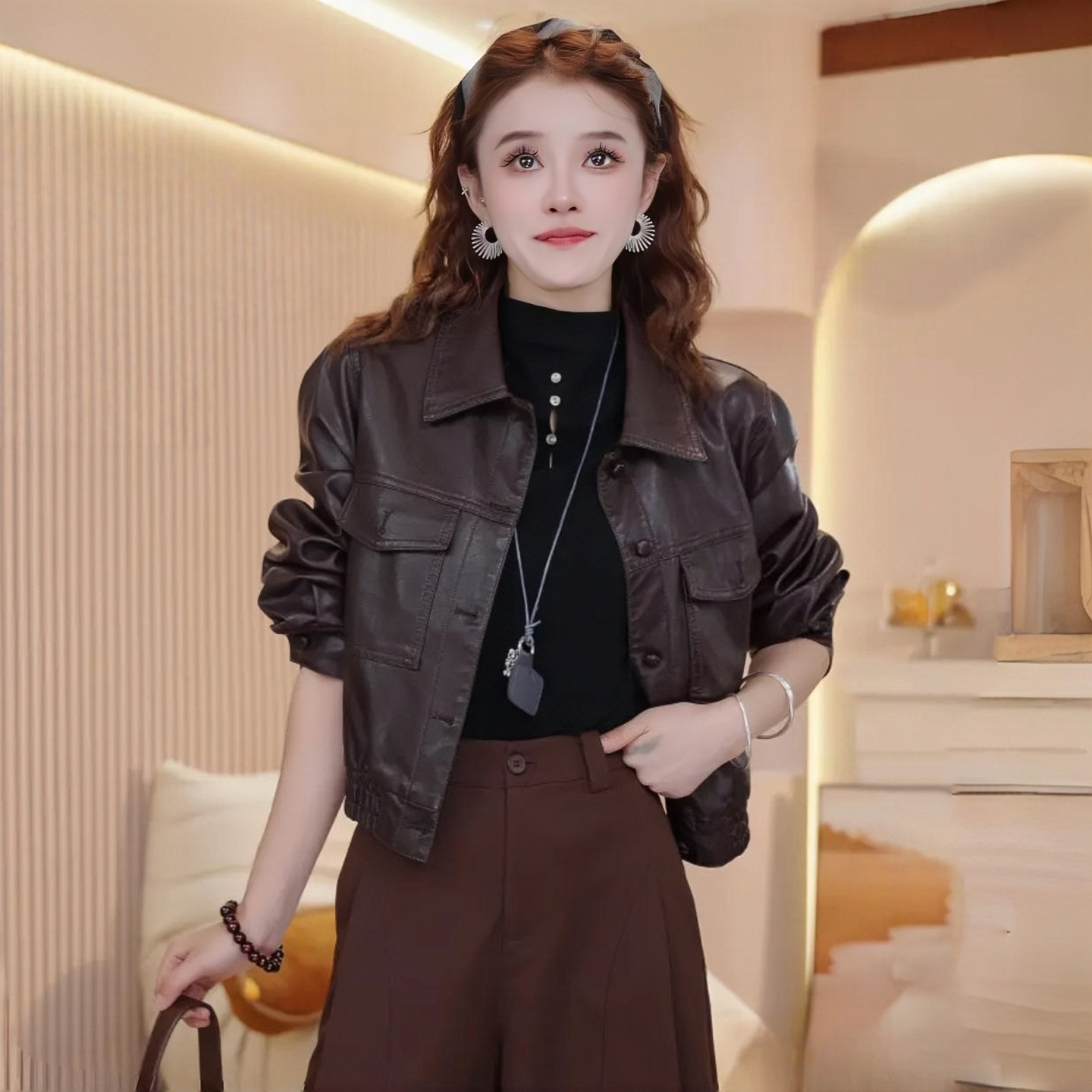 拉夏贝尔小个子短款皮衣外套女秋