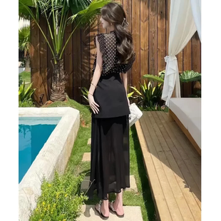 拉夏贝尔女装夏季新款气质黑色无袖波点上衣裙子半身裙御姐套装女