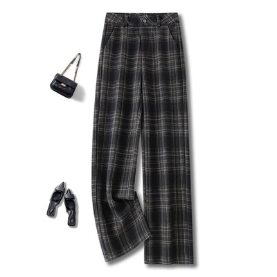 拉夏贝尔复古红格子高腰阔腿裤